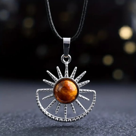 Tiger Eye Natural Stone Sun Sunflower Pendant Hollow Pattern Gemstone Necklace - Picture 2 of 2